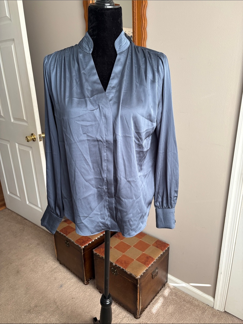 White House Black Market Slate Blue Satin V-Neck Blouse